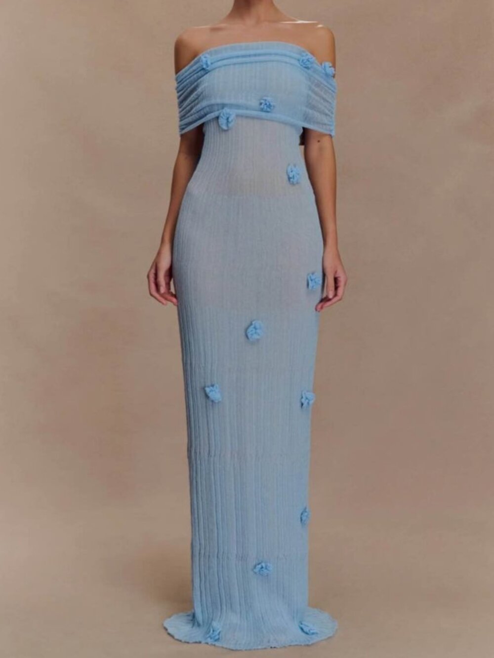 Meshki Orchid Brynn Blue Off-Shoulder Gown w/ Floral Rosettes - Bump-Friendly